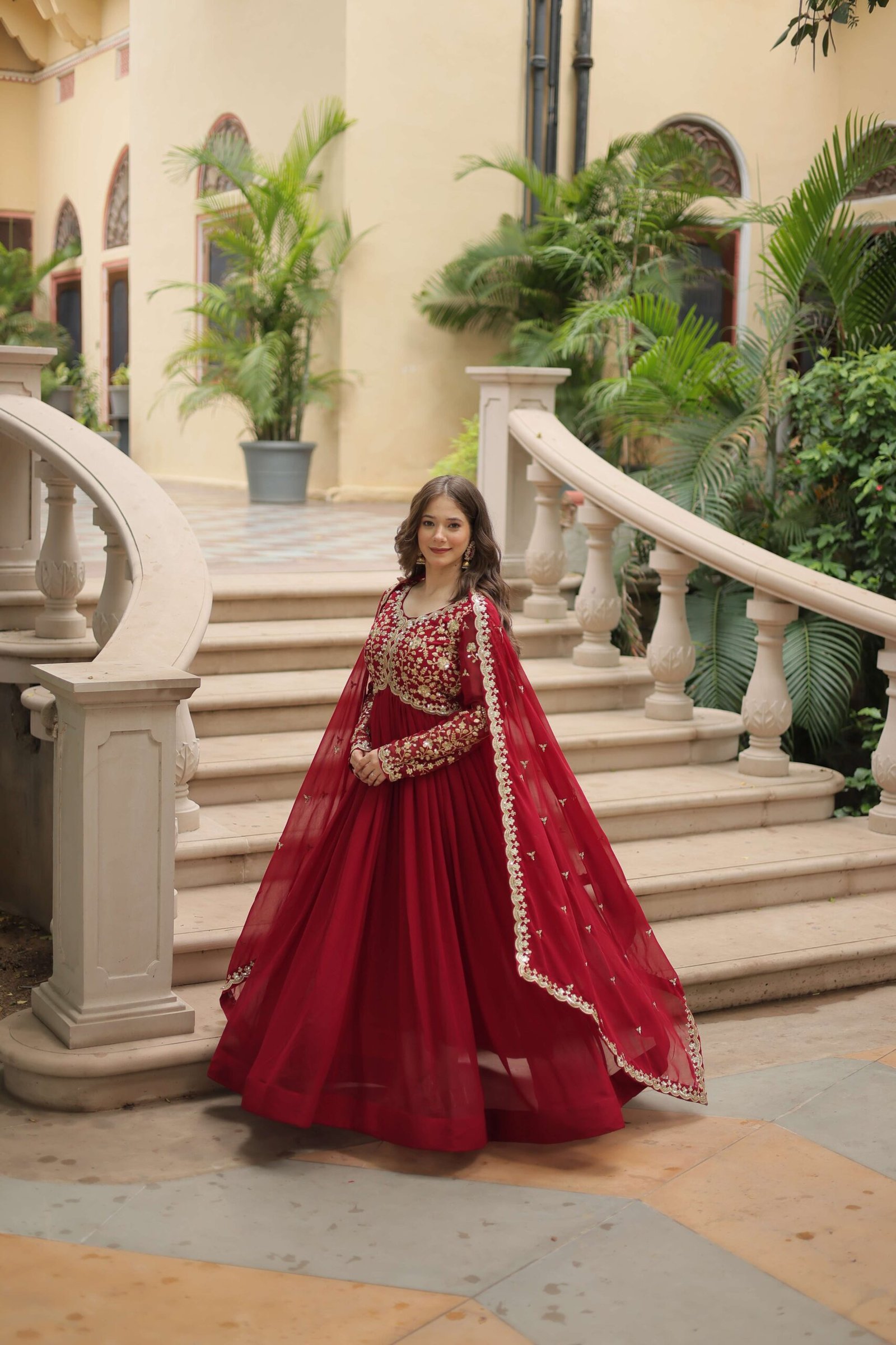 Maroon Faux Blooming Sequins & Zari Embroidered Gown with Matching Dupatta - Image 5