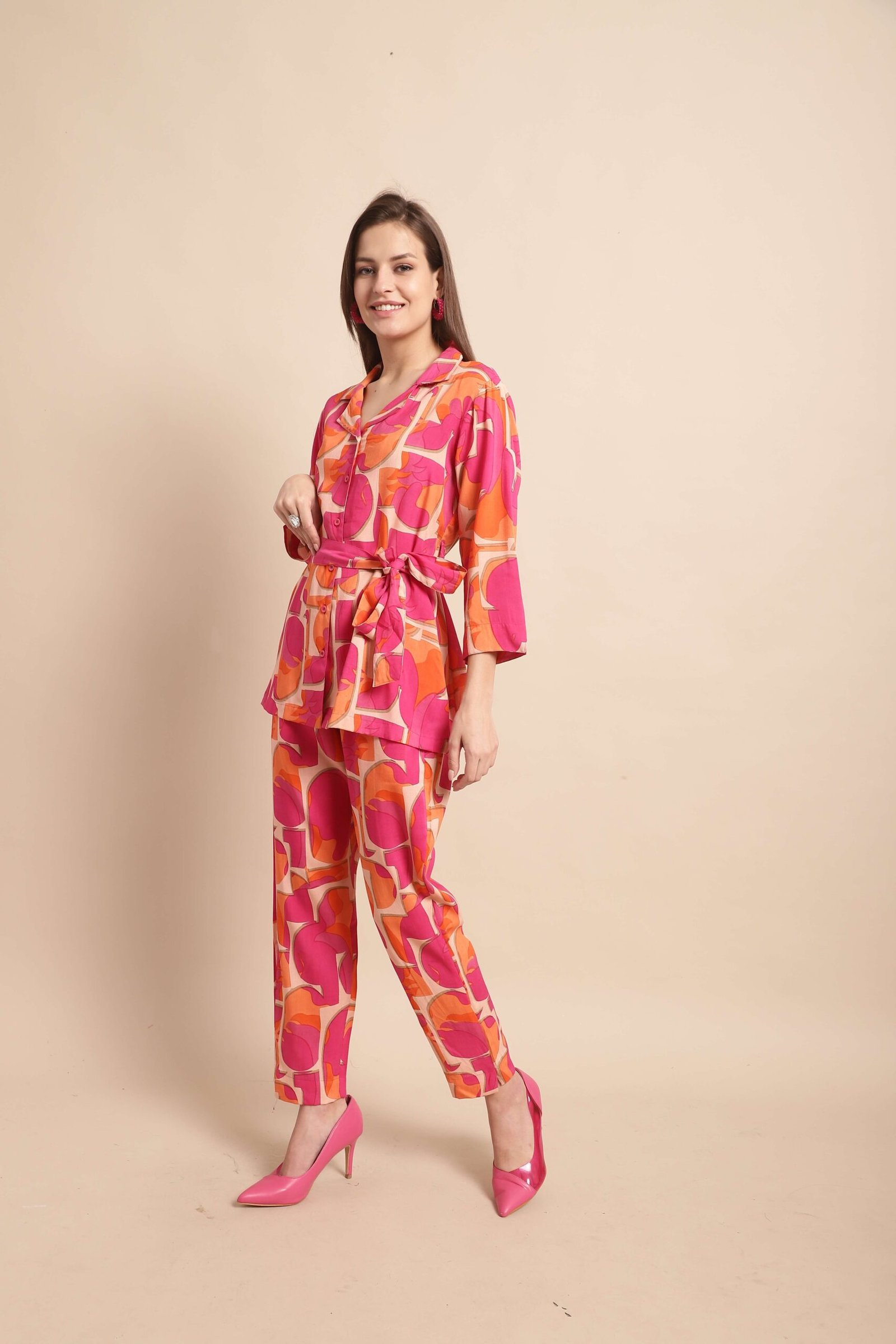 Women's Pure Cotton Printed Collared Top and Pant Co-ord Set (Pink) - Image 4