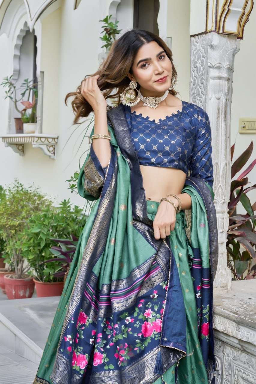 Olive Green Tussar Silk Lehenga Choli with Navy Blue Blouse | Minakari & Foil Print | Wedding & Festive Wear