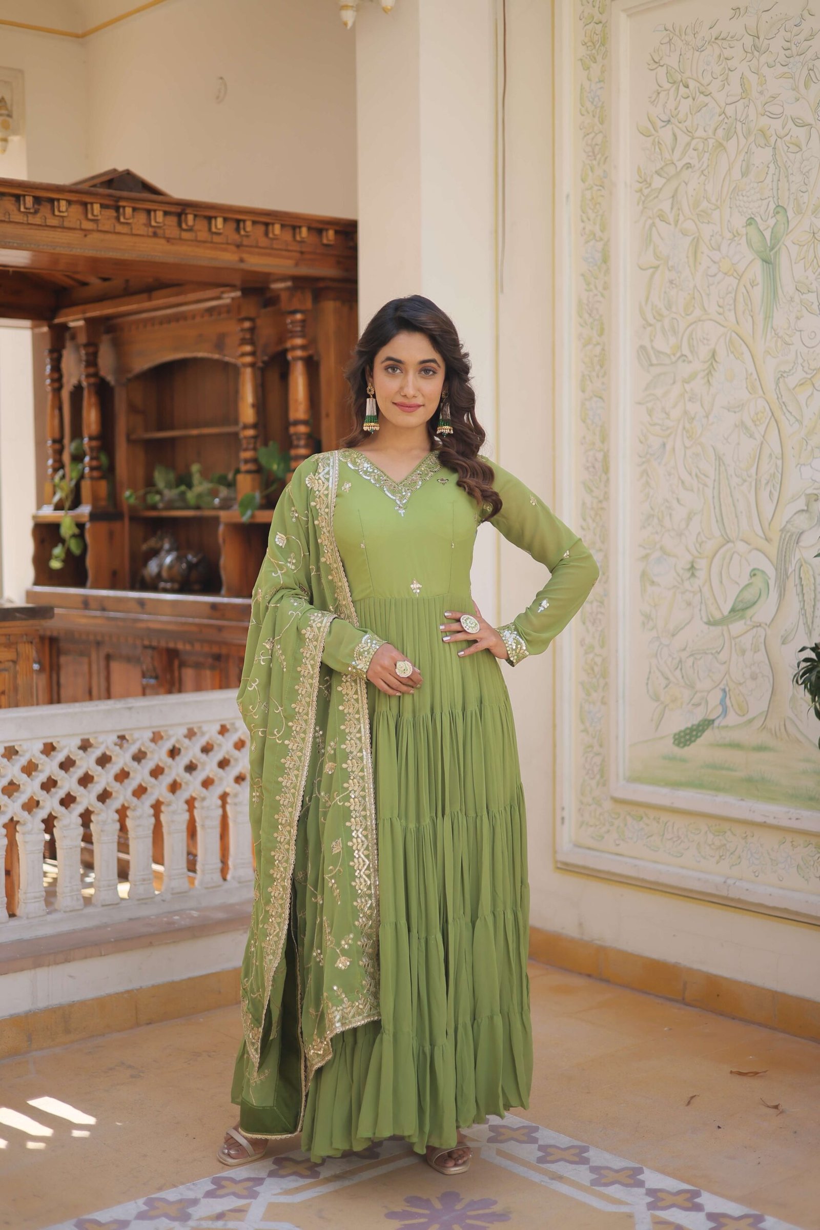 Green Faux Georgette Designer Gown with Sequined Dupatta ? Fully Flared Elegant Ready-to-Wear Set - Image 3