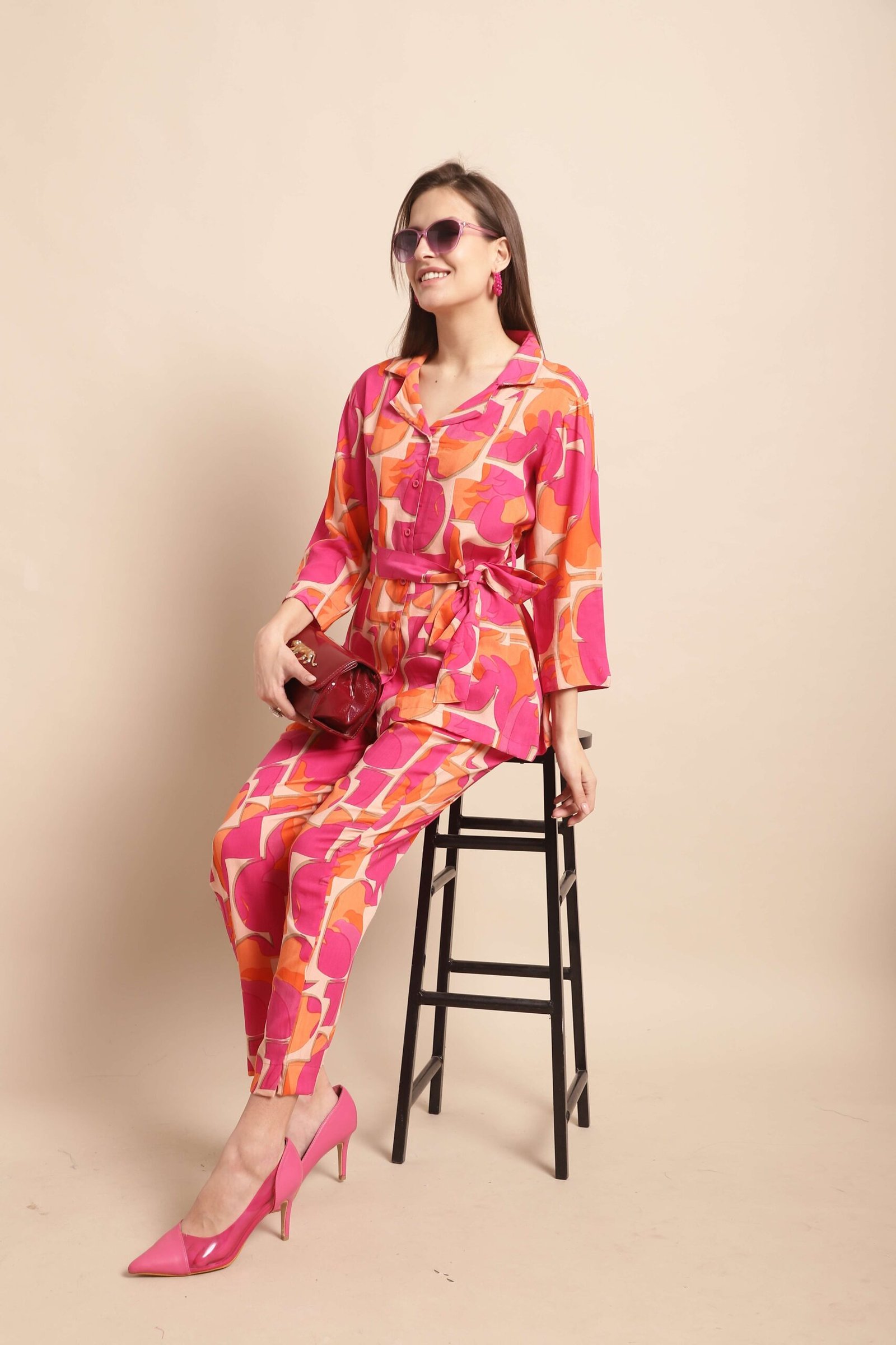 Women's Pure Cotton Printed Collared Top and Pant Co-ord Set (Pink) - Image 7