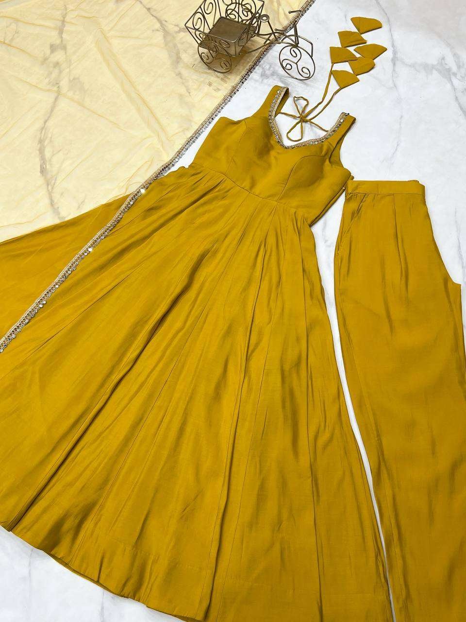 Womens Pure Romansilk Chanderi Anarkali Kurti with Pant & Dupatta Set - Image 5