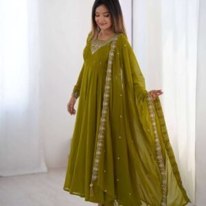 Womens Crunchy Silk Anarkali Kurti with Pant & Dupatta Set