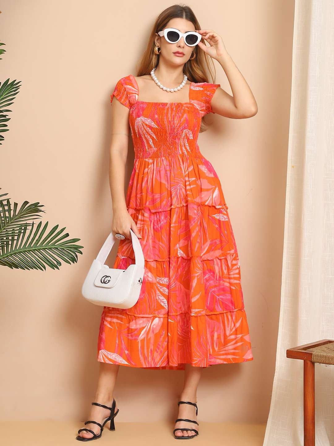 Women's Viscos Rayon Printed Off Shoulder Midi Dress For Summer And Casual Wear (Orange) - Image 4