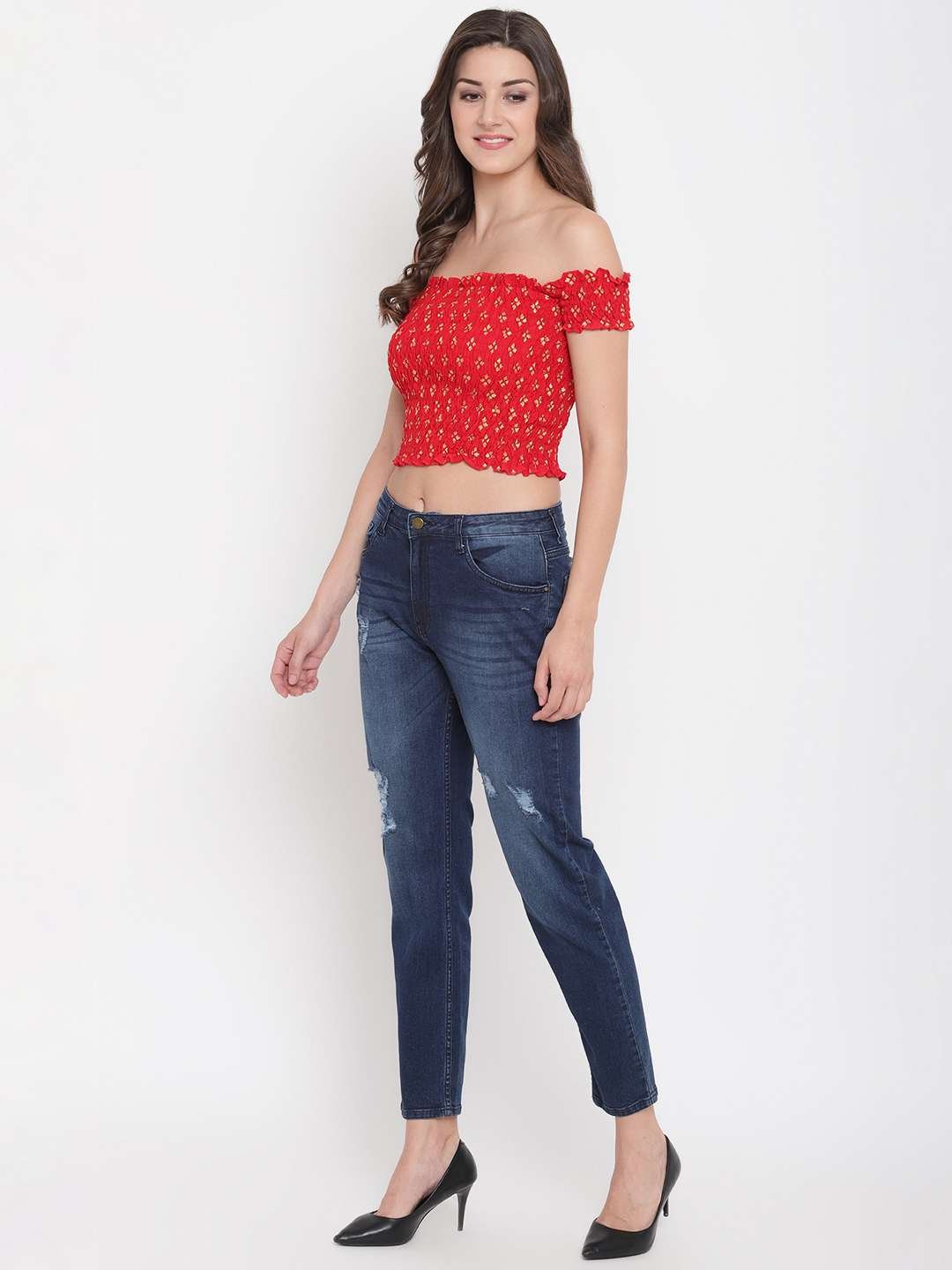 Women's Rayon Printed Off-Shoulder Smocked Crop Top Short Sleeve Casual Styles Tank Top (FREE SIZE) Multi9 - Image 2